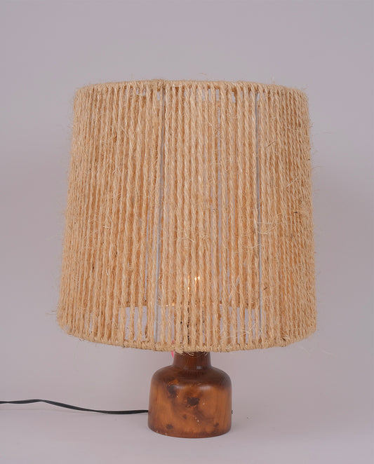 Lampe en bois tourné et abat-jour en corde