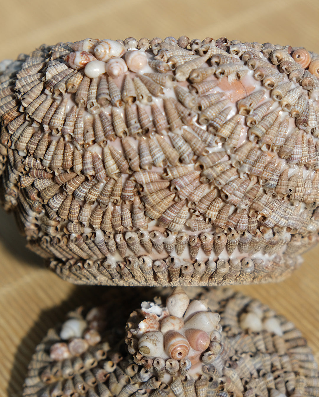 Boîte en argile recouverte de coquillages, travail artisanal