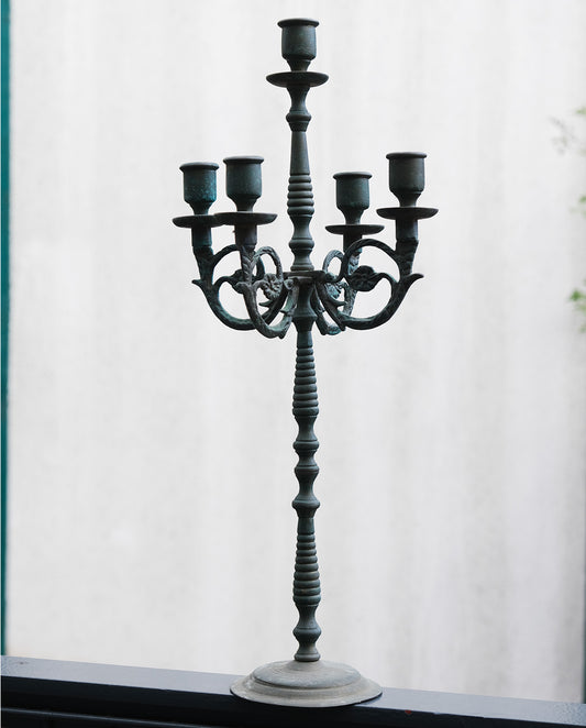 Chandelier 5 feux en fonte, patine vert-de-gris